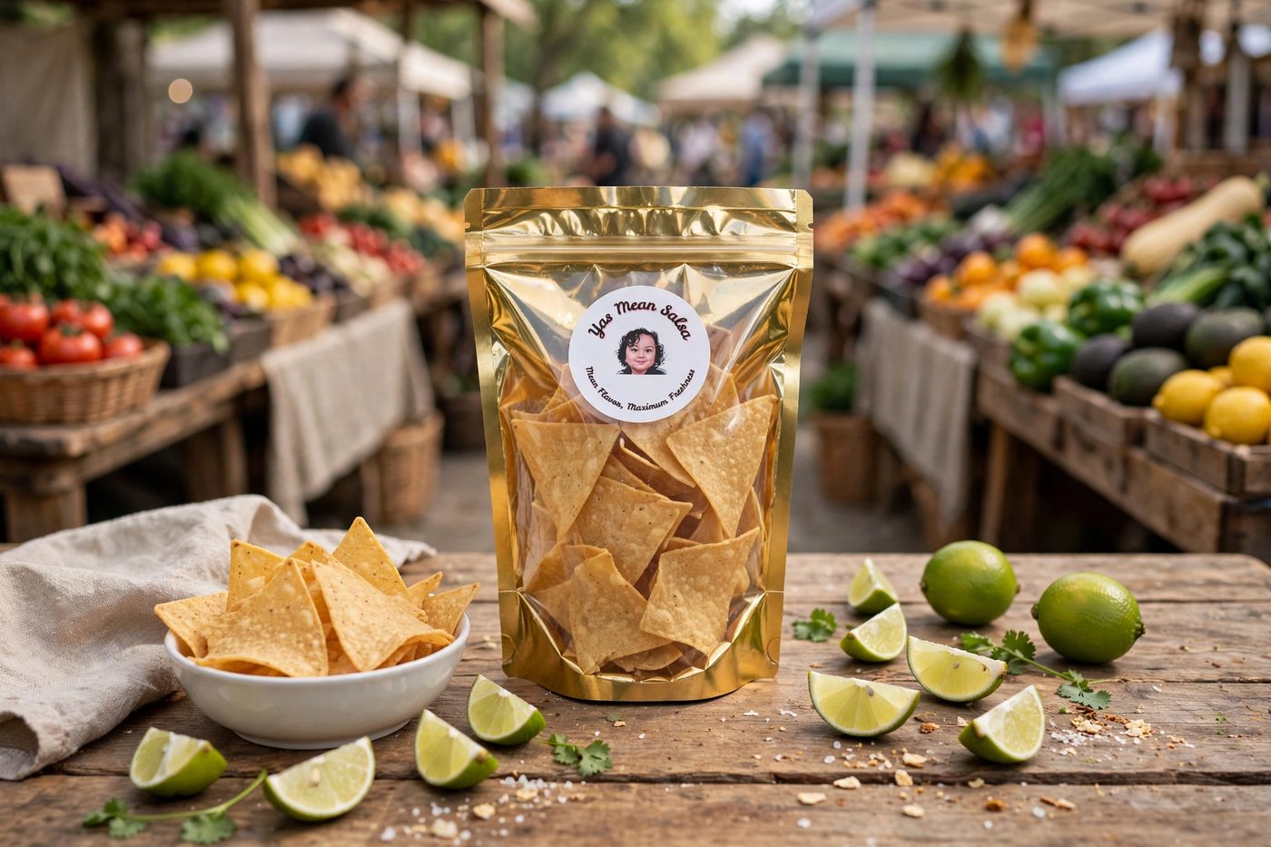 Gold bag of Yas Mean Salsa hint of lime chips with a bowl of chips and lime wedges on a wooden table at a farmers market
