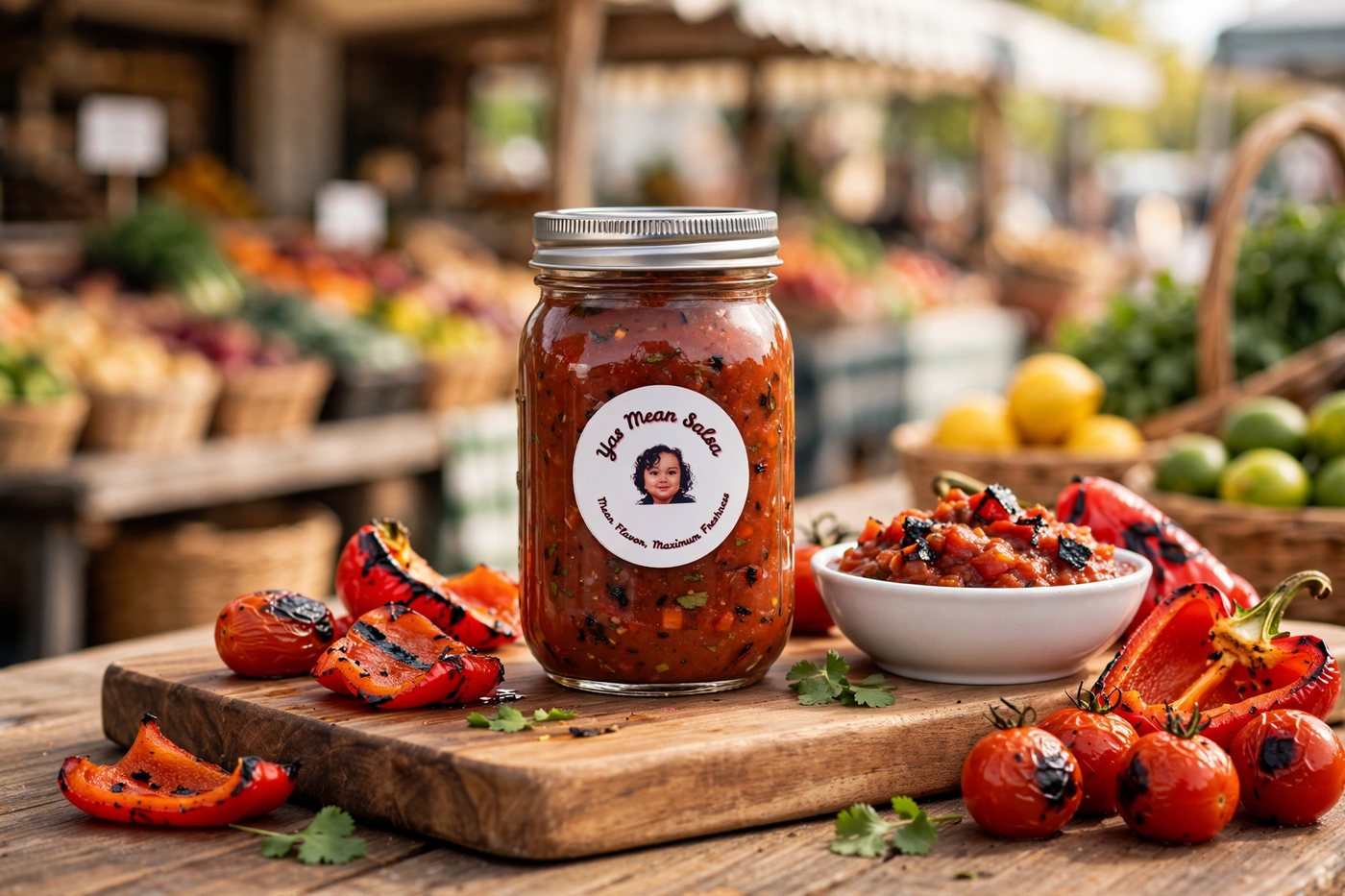 Jar of Yas Mean Salsa roasted red salsa with charred red peppers and tomatoes on a wooden board at a farmers market